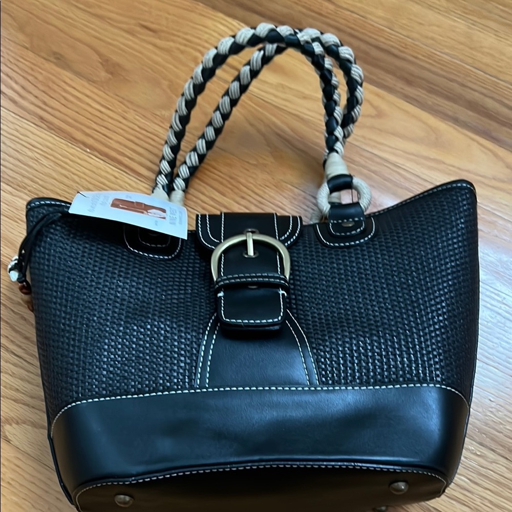 Nine West Straw Fabric Leather Trim Handbag Design Lining Buckle NWT